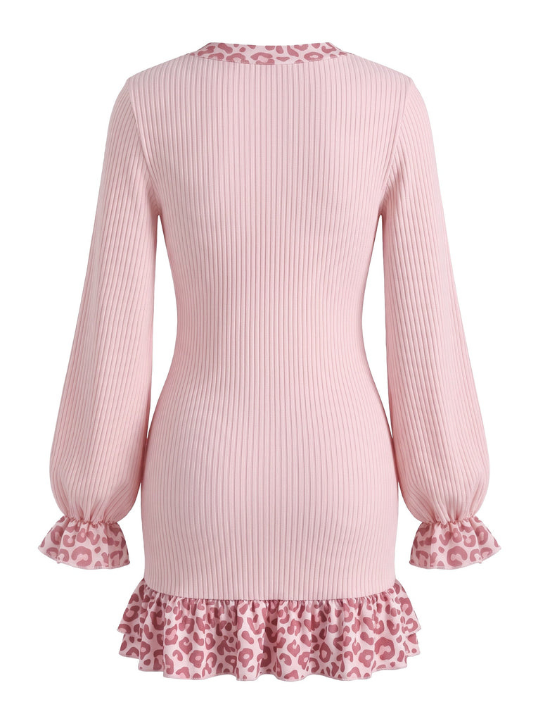 Robe en maille côtelée à bordure léopard et manches lanternes Années 1960 - 2