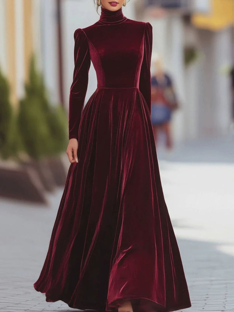 Robe en Velours à Col Roulé et Manches Longues Années 1940 - 3