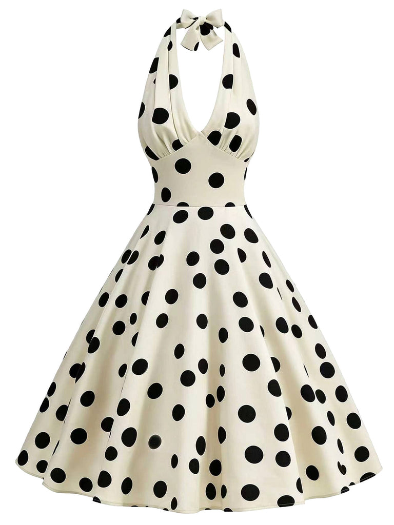 Robe évasée beige à pois et tour de cou années 1950 - 1