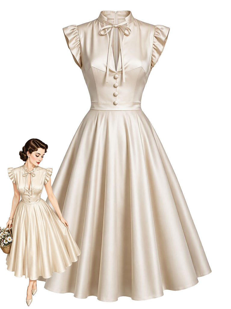 [Prévente] Robe évasée beige en satin à col V et manches flottantes années 1950 - 1