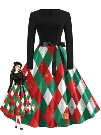 Robe évasée de Noël verte à losanges, nœud et ceinture années 1950 - 1