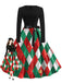 Robe évasée de Noël verte à losanges, nœud et ceinture années 1950 - 1
