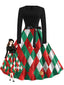 Robe évasée de Noël verte à losanges nœud et ceinture années 1950