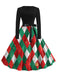 Robe évasée de Noël verte à losanges, nœud et ceinture années 1950 - 2
