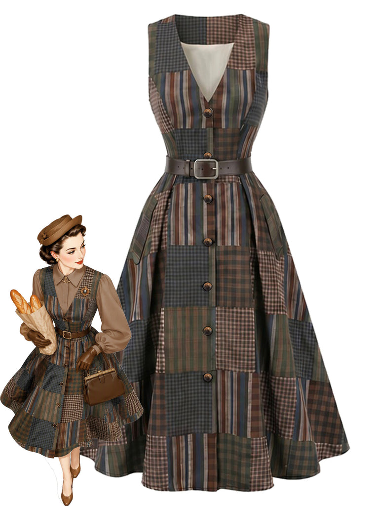 [Prévente] Robe Évasée Marron Sans Manches à Carreaux et Empiècements avec Ceinture Années 1940 - 1
