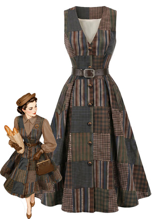 [Prévente] Robe Évasée Marron Sans Manches à Carreaux et Empiècements avec Ceinture Années 1940 - 1