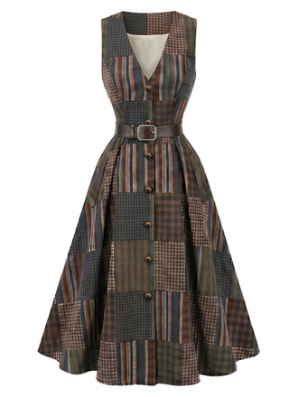 [Prévente] Robe Évasée Marron Sans Manches à Carreaux et Empiècements avec Ceinture Années 1940 - 2