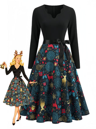 Robe Évasée Multicolore à Imprimé de Noël et Encolure Festonnée Années 1950 - 1