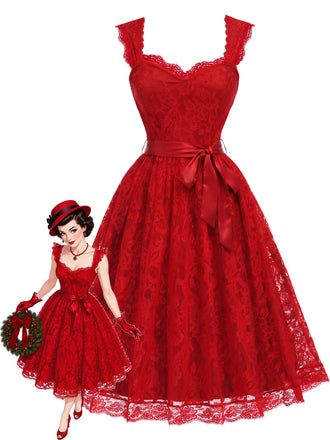 [Prévente] Robe évasée rouge à fleurs, dentelle, décolleté cœur et nœud années 1950 - 1