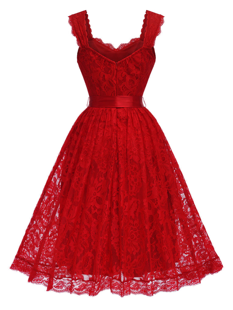 [Prévente] Robe évasée rouge à fleurs, dentelle, décolleté cœur et nœud années 1950 - 4