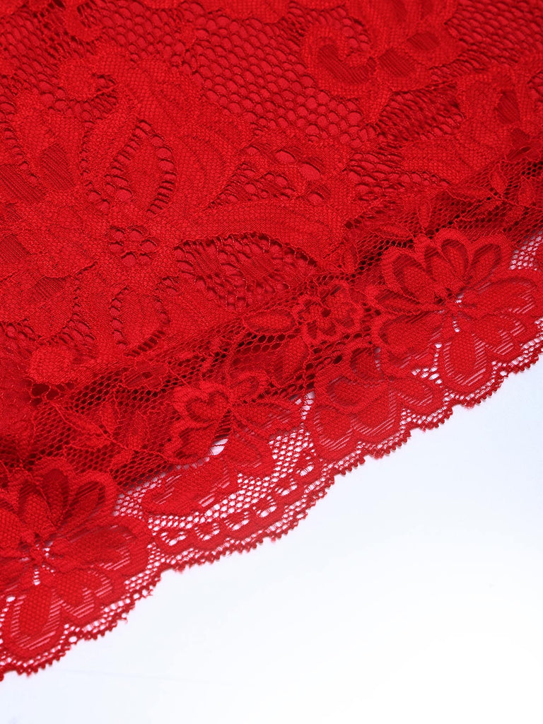 [Prévente] Robe évasée rouge à fleurs, dentelle, décolleté cœur et nœud années 1950 - 5