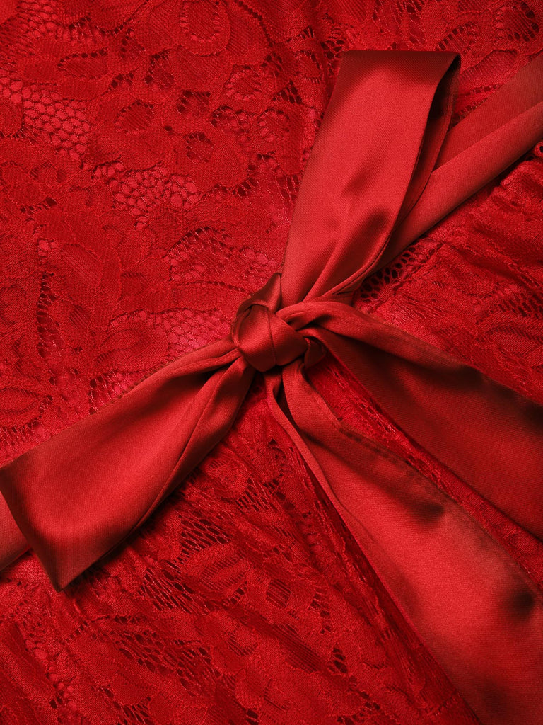 [Prévente] Robe évasée rouge à fleurs, dentelle, décolleté cœur et nœud années 1950 - 7