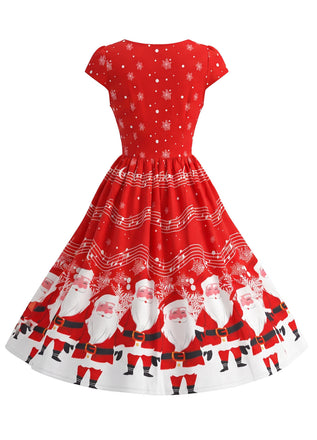 Robe Évasée Rouge à Imprimé Père Noël Années 1950 - 2