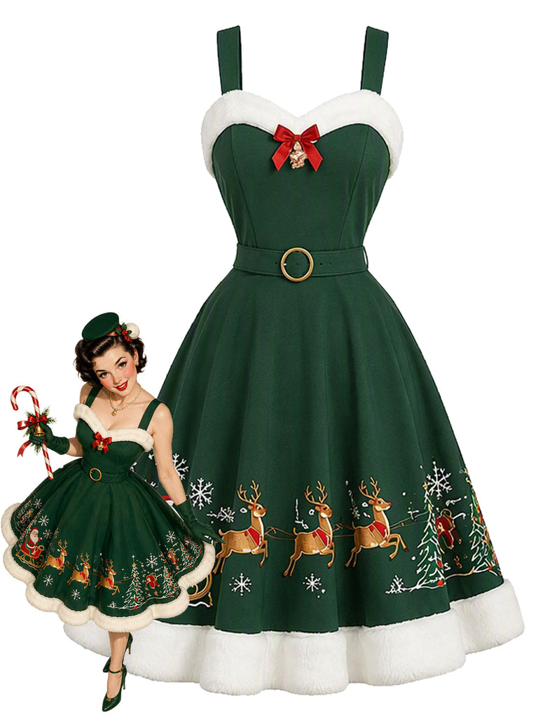 [Prévente] Robe évasée verte imprimé traîneau du Père Noël à bordure duveteuse années 1950 - 1