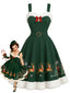 [Prévente] Robe évasée verte imprimé traîneau du Père Noël à bordure duveteuse années 1950