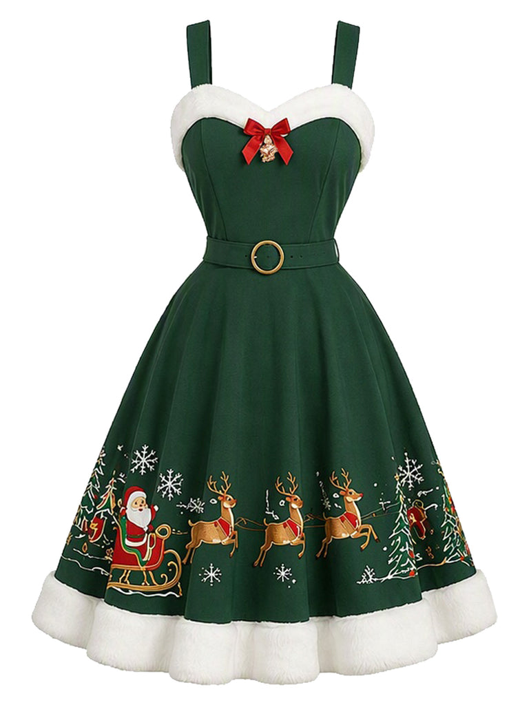 [Prévente] Robe évasée verte imprimé traîneau du Père Noël à bordure duveteuse années 1950 - 2