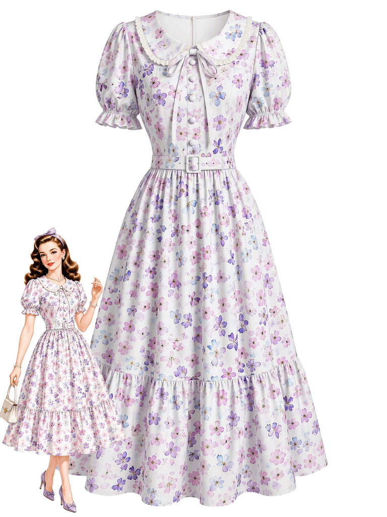 [Prévente] Robe gris violet à fleurs, col Claudine et manches bouffantes années 1940 - 1