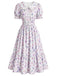 [Prévente] Robe gris violet à fleurs, col Claudine et manches bouffantes années 1940 - 2