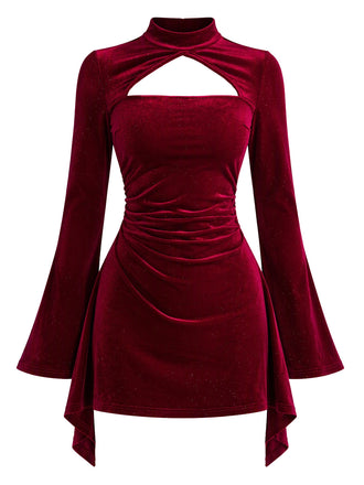 Robe lie-de-vin en velours à col ajouré, fronces et tour de cou années 1960 - 2