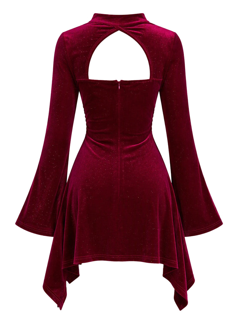 Robe lie-de-vin en velours à col ajouré, fronces et tour de cou années 1960 - 3