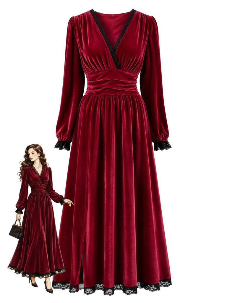 Robe lie-de-vin en velours à empiècements en dentelle et fente latérale années 1930 - 1