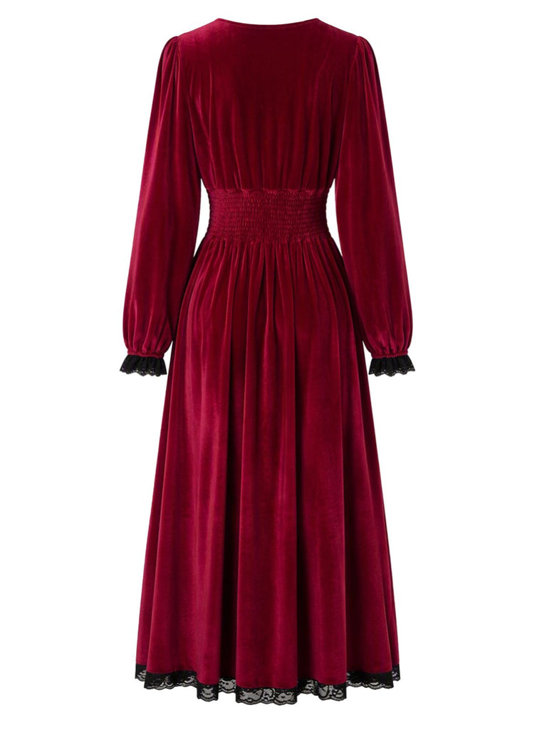 Robe lie-de-vin en velours à empiècements en dentelle et fente latérale années 1930 - 3