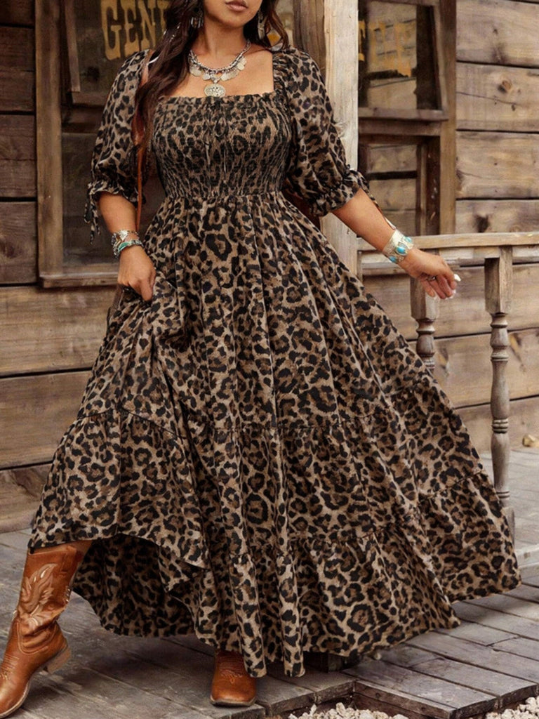 [Grande Taille] Robe longue marron à imprimé léopard, col carré et smocks Années 1970 - 3