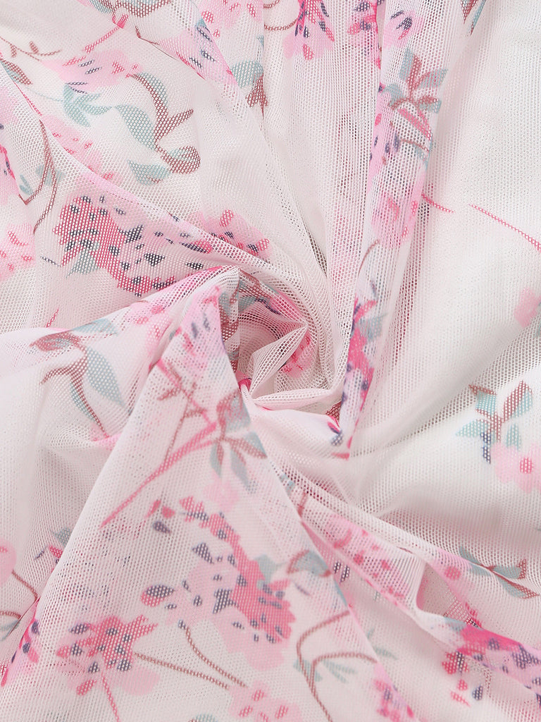 Robe longue rose à fleurs, volants étagés, bretelles nouées et dos nu années 1970 - 5