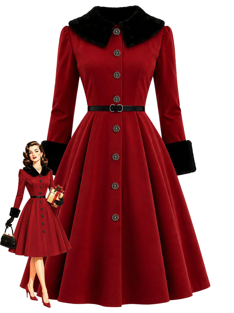 [Prévente] Robe manteau rouge ceinturée à boutons floraux et col duveteux années 1950 - 1