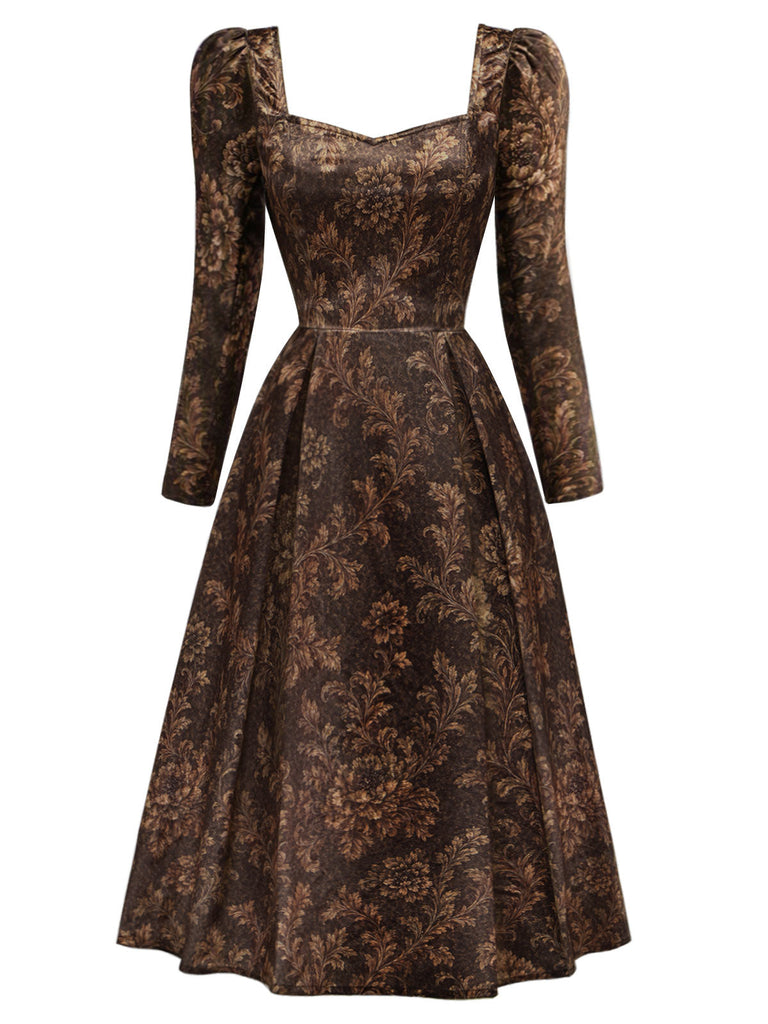 [Prévente] Robe Marron à Fleurs en Satin avec Laçage Style Royalcore Années 1970 - 2