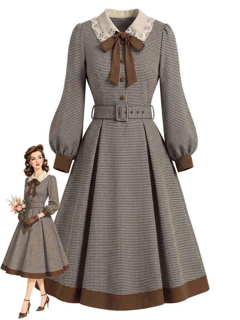 [Prévente] Robe Marron Clair Pied-de-Poule à Col Lavallière et Ceinture Années 1950 - 1