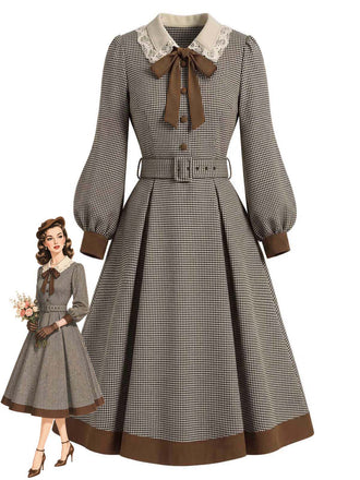 [Prévente] Robe Marron Clair Pied-de-Poule à Col Lavallière et Ceinture Années 1950 - 1