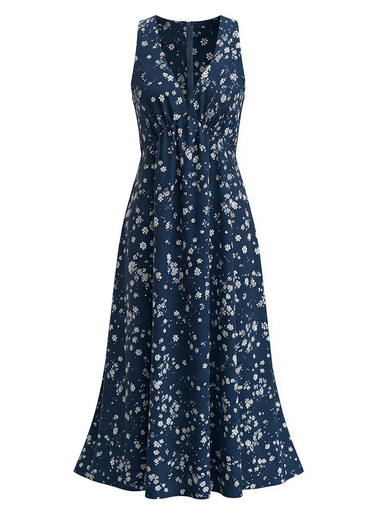 Robe midi bleu marine bohème à fleurs et col dos-nu Années 1970 - 1