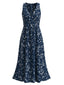 Robe midi bleu marine bohème à fleurs et col dos-nu Années 1970