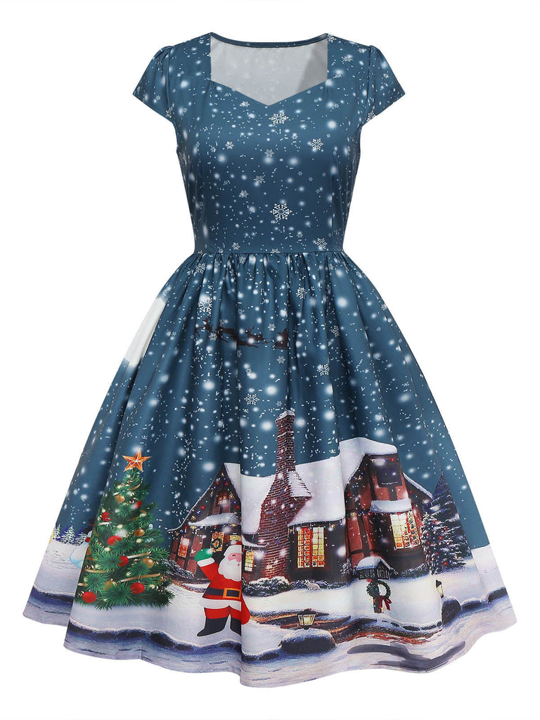 Robe midi de Noël bleu foncé à imprimé Père Noël Années 1950 - 1