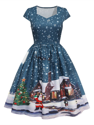 Robe midi de Noël bleu foncé à imprimé Père Noël Années 1950 - 1