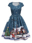 Robe midi Noël bleu foncé motif Père Noël années 1950