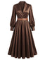 Robe midi en satin à col revers manches bouffantes et ceinture Années 1940