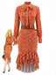 Robe midi orange volants et ceinture motif léopard années 1970