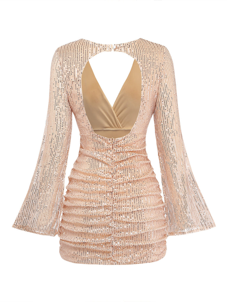 Robe moulante à sequins, col V, dos nu et fronces Années 1960 - 3