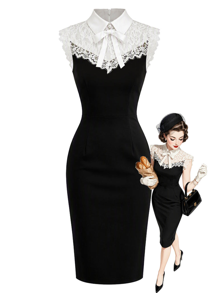 [Prévente] Robe moulante en dentelle florale à col rabattu et nœud années 1960 - 1