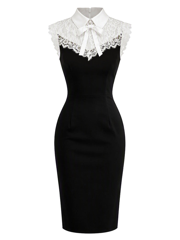 [Prévente] Robe moulante en dentelle florale à col rabattu et nœud années 1960 - 2