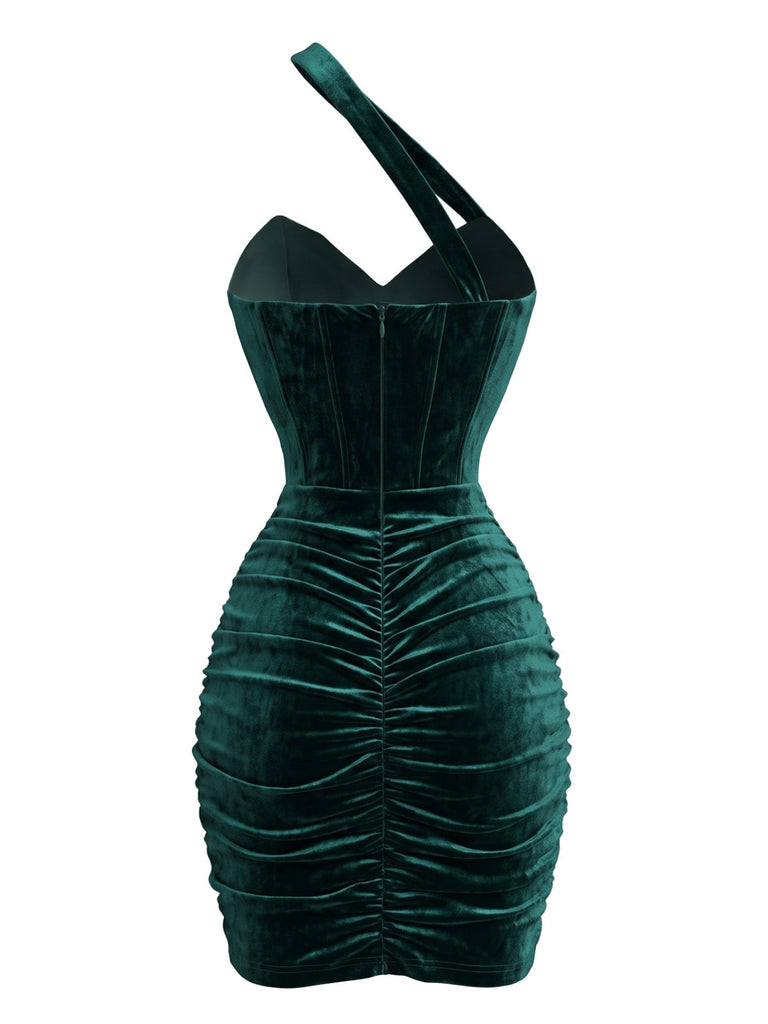 Robe Moulante Froncée en Velours à Épaule Asymétrique Années 1960 - 2
