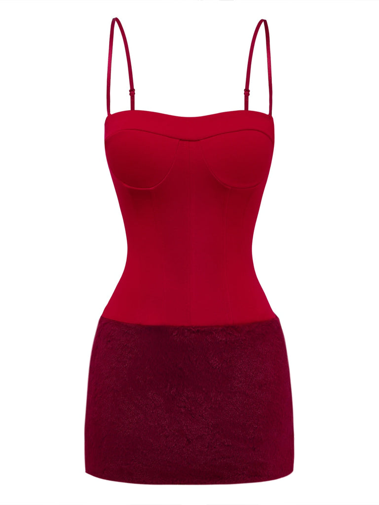 Robe moulante rouge foncé à fines bretelles et ourlet en fausse fourrure années 1980 - 1