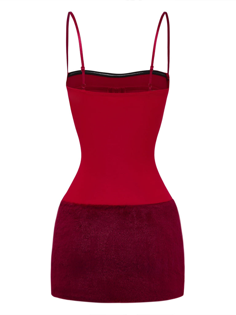 Robe moulante rouge foncé à fines bretelles et ourlet en fausse fourrure années 1980 - 2