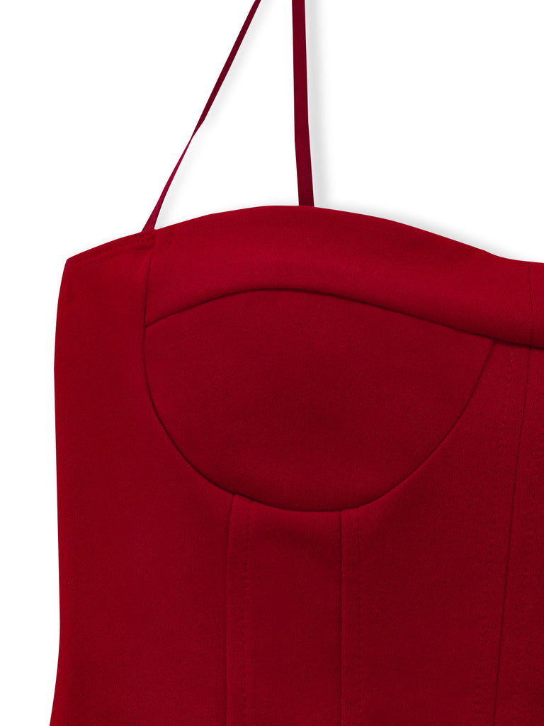 Robe moulante rouge foncé à fines bretelles et ourlet en fausse fourrure années 1980 - 4