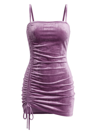 Robe moulante violette en velours à col carré et fronces années 1960 - 1