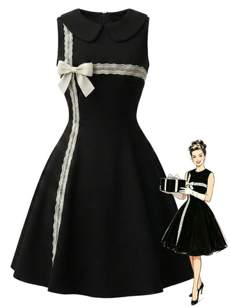 [Prévente] Robe noire à dentelle abricot et nœud années 1950 - 1