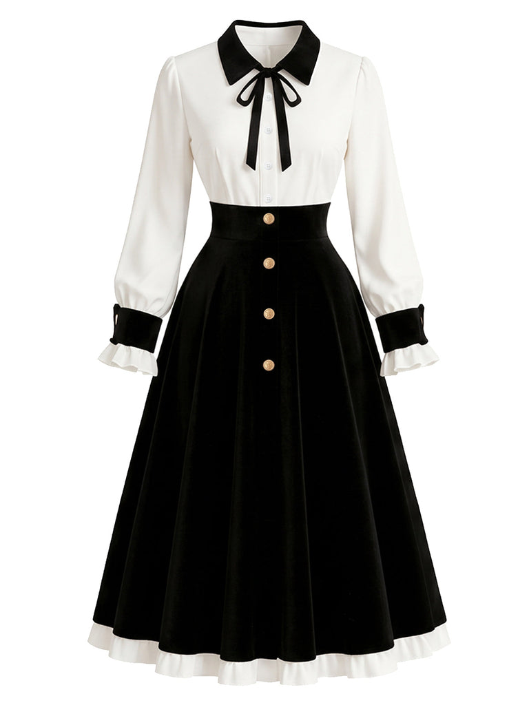 [Prévente] Robe noire et blanche à nœud contrastant, boutons et manches lanternes Années 1950 - 2