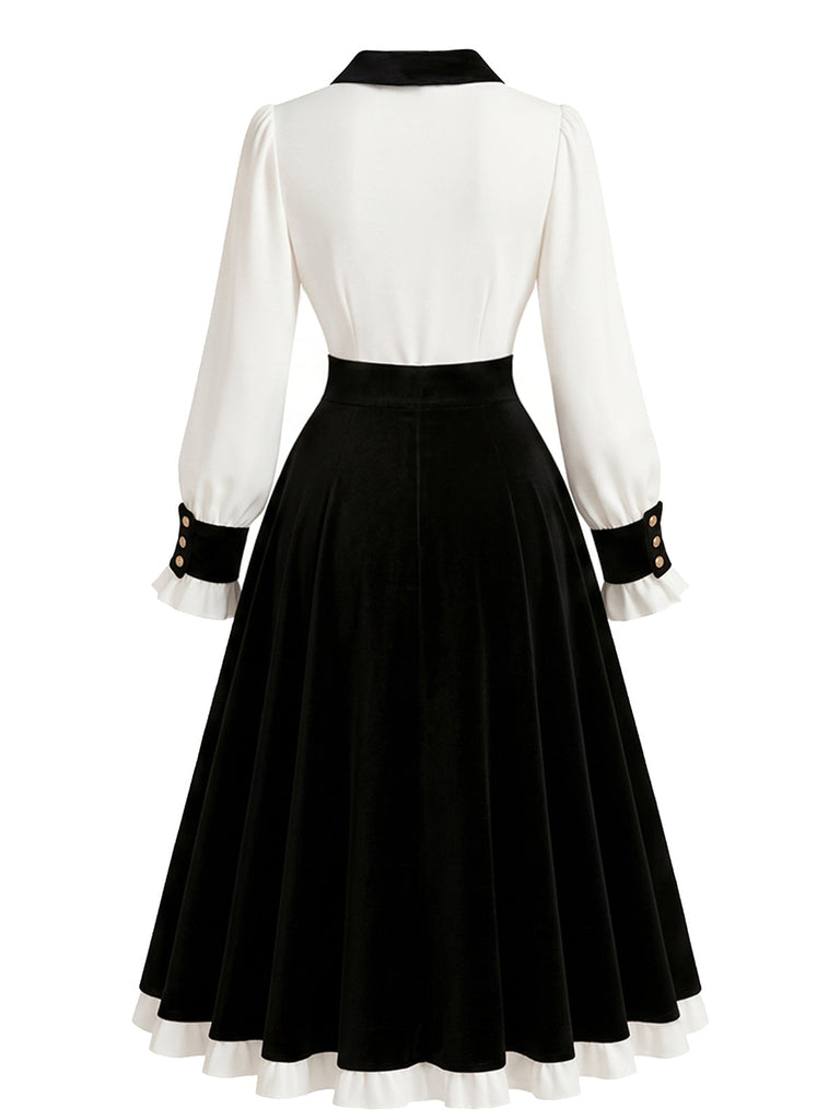 [Prévente] Robe noire et blanche à nœud contrastant, boutons et manches lanternes Années 1950 - 3